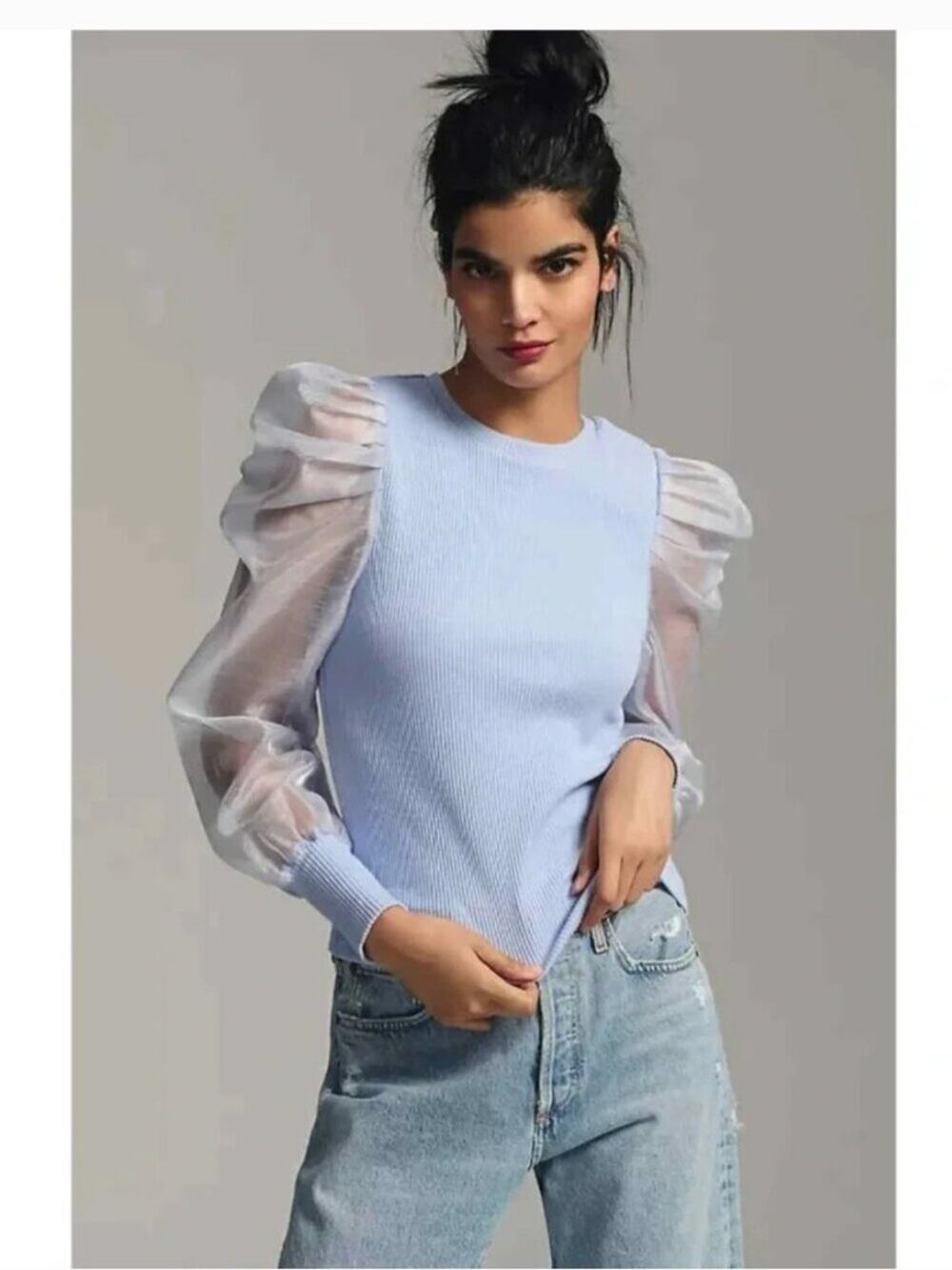 Dolan Anthropologie Puff Sheer Sleeve Ribbed Knit Blouse Light Blue XS